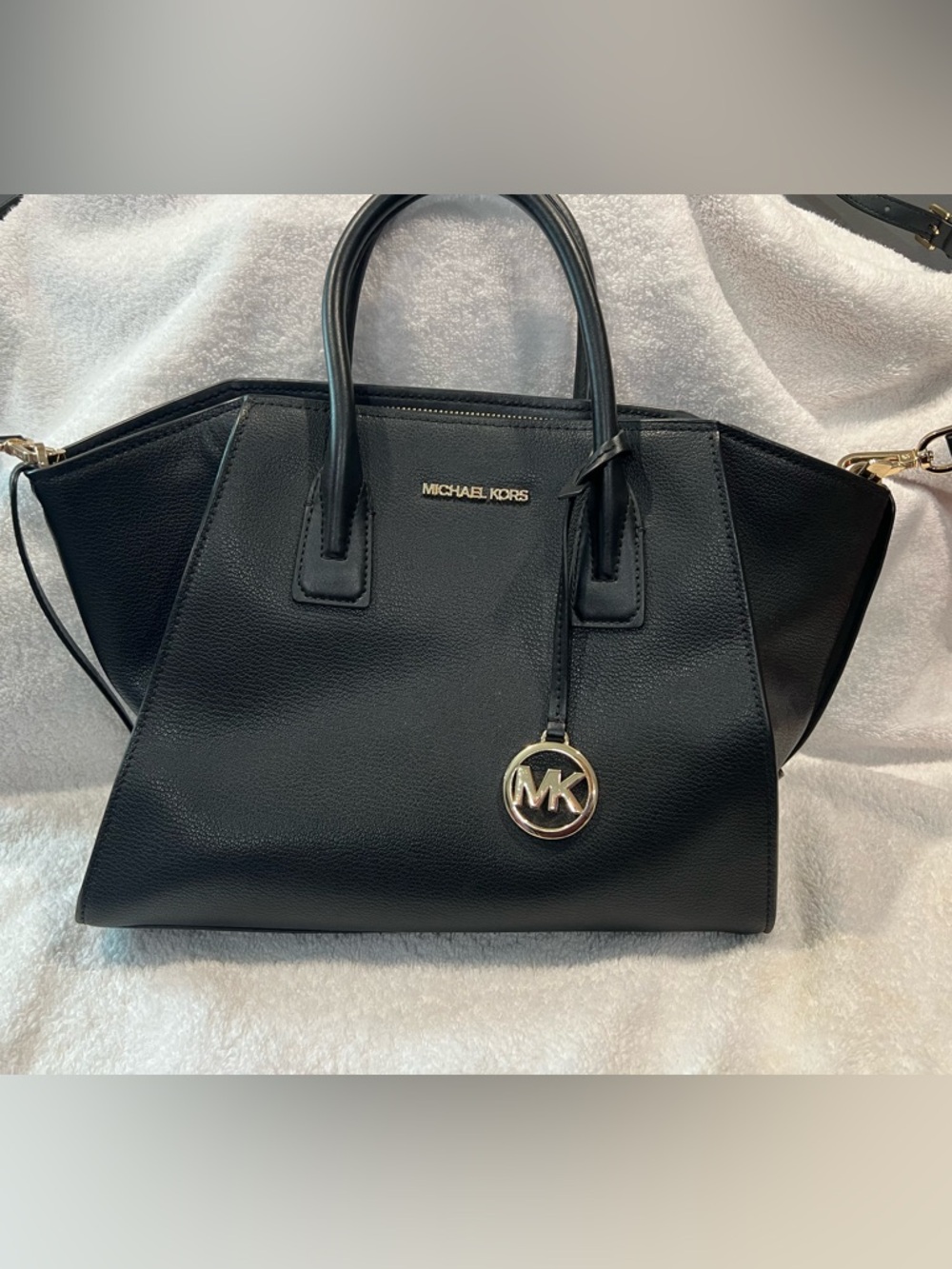 Michael Kors Avril Black Leather Tote Satchel with MK Pendant